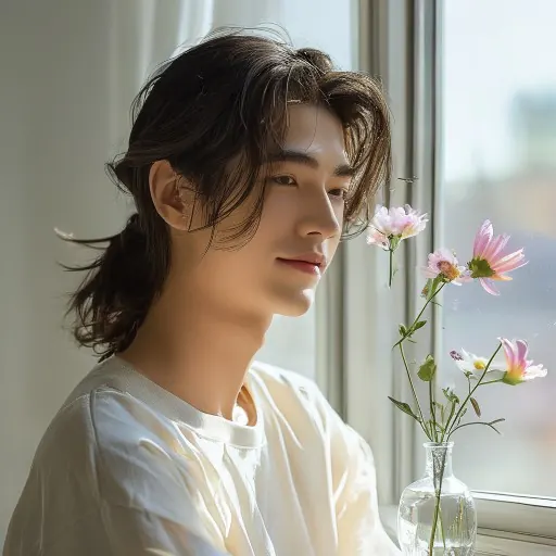 연습실 창가에 놓인 작은 꽃병을 바라보며 따뜻한 미소를 짓고 있는 지우ㅑ의 모습.
