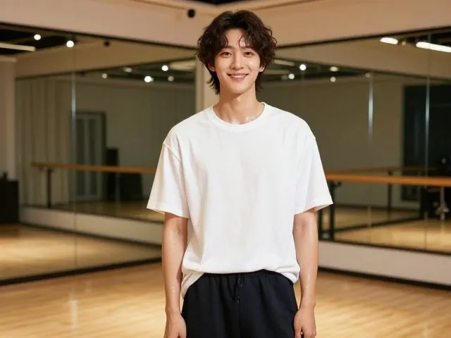 연습실에서 땀을 흘린 뒤 밝고 에너제틱하게 웃고 있는 지우의 모습.