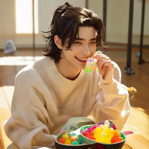 연습실 바닥에 앉아 귀여운 젤리를 들고 해맑게 웃고 있는 지우ㅑ의 모습.