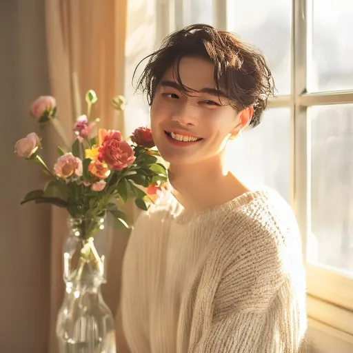 햇살이 비치는 연습실 창가에서 따뜻한 미소를 짓고 있는 지우ㅑ의 모습.